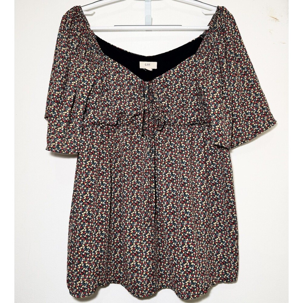 OTT Anthropologie M Floral Dot Empire Blouse Square Neck Flutter Sleeve Lined